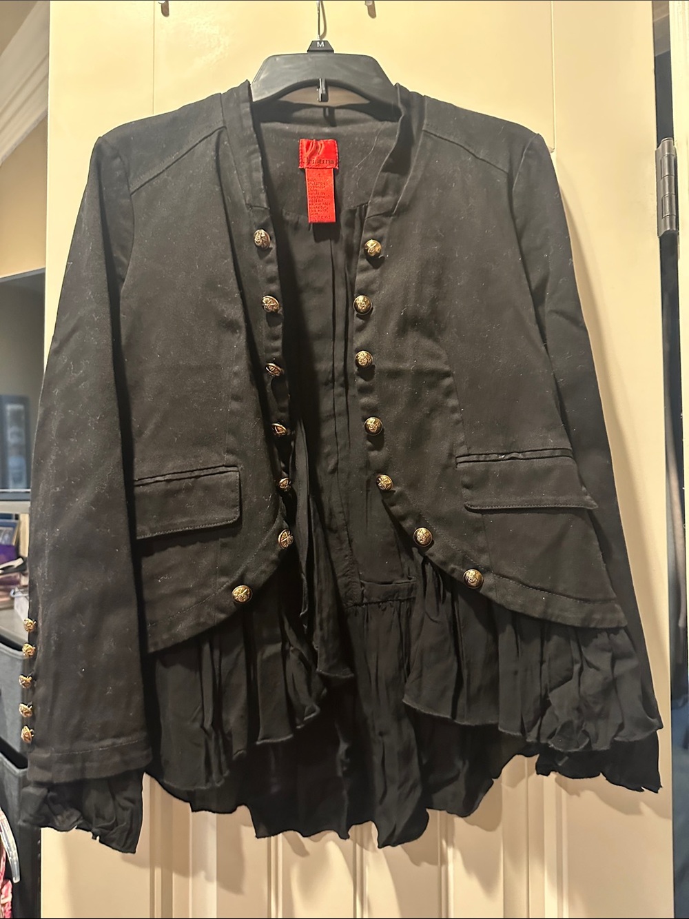 Christina Black Military-Style Blazer with Gold Buttons and Ruffle Hem